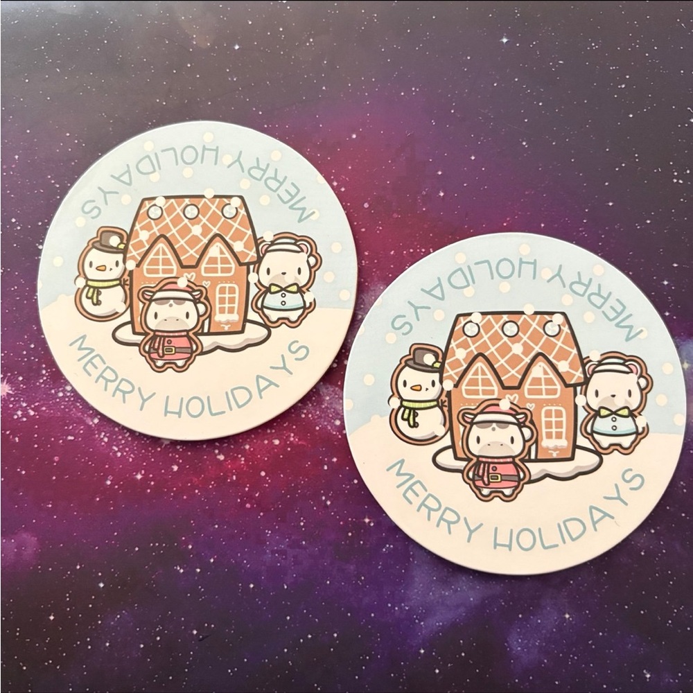Hubman and Chubgirl Merry Holidays two drink coasters gingerbread house advent